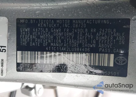 2020 Toyota Camry Le z USA, uszkodzony, nr VIN 4T1C11AK2LU984406